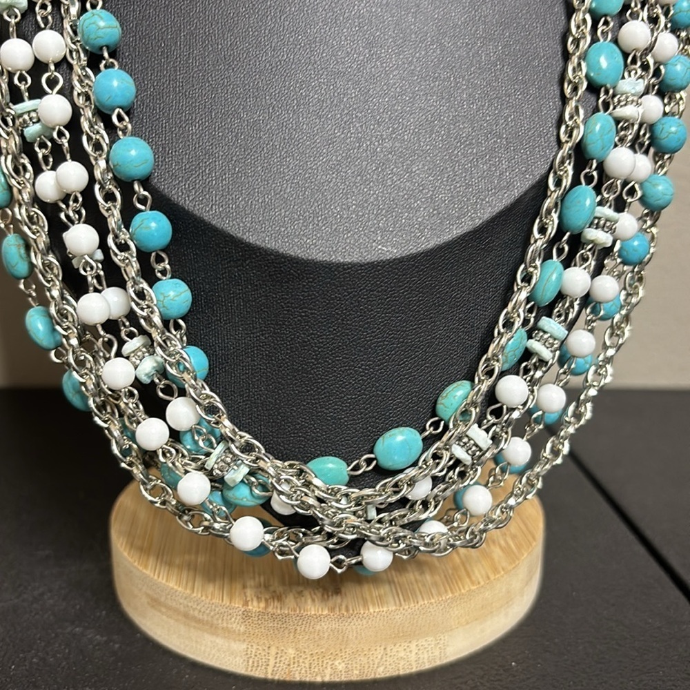 Mialisia Silver Beaded Layered Turquoise Silver Tone Statement Necklace - Picture 2 of 6